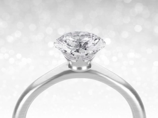 Nahaufnahme eines eleganten Diamantrings auf weiß glänzendem Bokeh-Hintergrundkonzept für die Wahl des besten Diamantdesigns 3D-Render