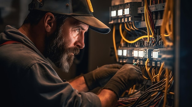 Nahaufnahme eines Elektrikers, der mit elektrischen Kabeldrähten eines modernen Sicherungsschaltkastens arbeitet, erstellt mit generativer KI-Technologie