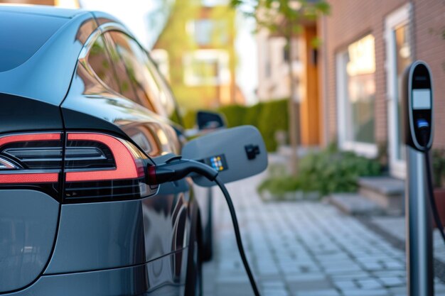 Nahaufnahme eines Elektroautos Ein EV-Hybridauto wird an einer Wallbox in der Nähe des Hauses aufgeladen
