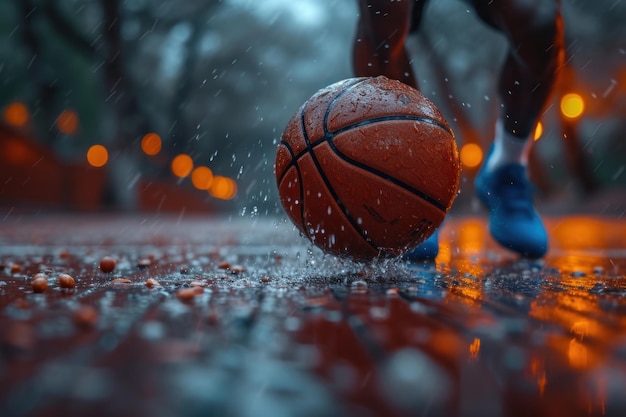Nahaufnahme eines entschlossenen Basketballspielers, der den Ball mit Fokus und Präzision auf dem Platz dribbelt