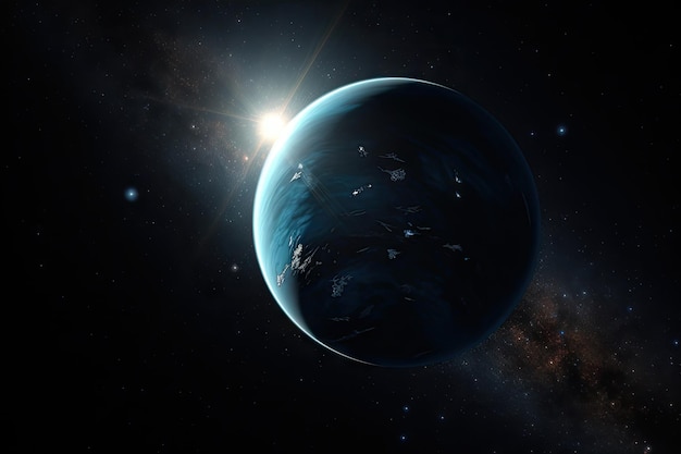 Nahaufnahme eines Exoplaneten mit blauem Stern im Hintergrund, erstellt mit generativer KI