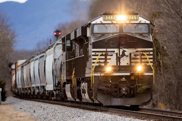 Nahaufnahme eines fahrenden Güterzuges von Norfolk Southern im Shenandoah Valley