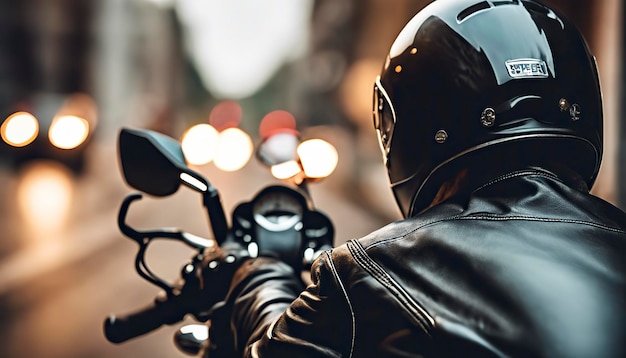 Foto nahaufnahme eines fahrradfahrers auf einem motorradfahrer, der mit einem helm auf einem fahrradfahrer fährt