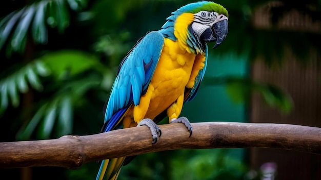 Nahaufnahme eines farbenfrohen blau-gelben Ara-Papageis