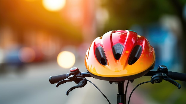 Foto nahaufnahme eines farbenfrohen fahrradhelms, der auf einem lenker ruht, einem wichtigen sicherheitszubehör für einen fahrradfahrer