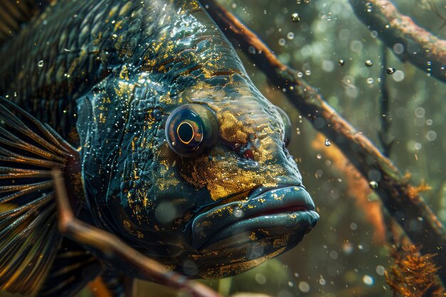 Foto nahaufnahme eines farbenfrohen süßwasserfisches, der unter wasser unter wasserpflanzen schwimmt