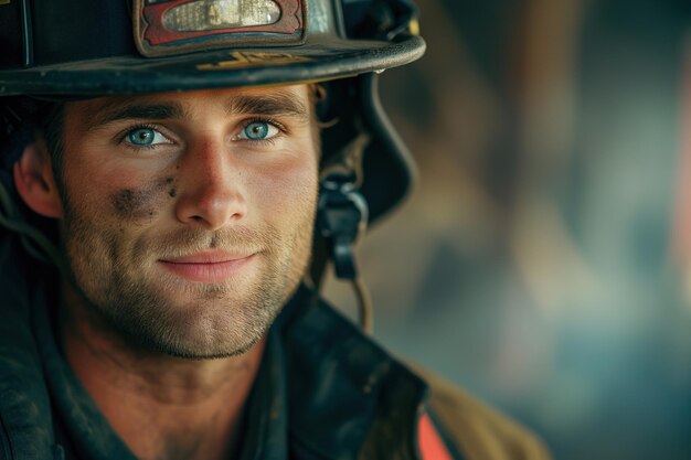 Nahaufnahme eines Feuerwehrmanns mit schwerem Helm, der bereit ist, mit jedem Notfall umzugehen Porträt eines jungen männlichen Feuerwehrmannes Kopierraum