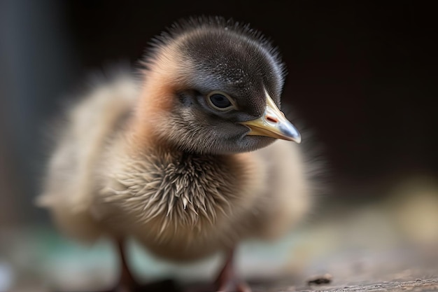 Nahaufnahme eines flauschigen neugeborenen Kükens mit Schnabel und Federn im Blickfeld, erstellt mit generativer KI