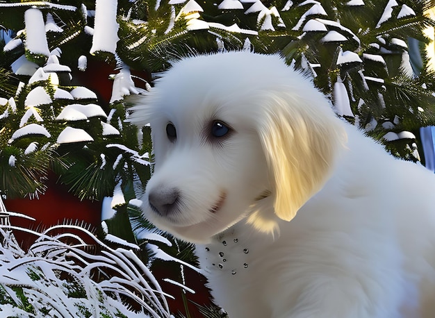 Nahaufnahme eines flauschigen weißen Welpen, der durch ein Winterwunderland stapft und dessen Atem in der Kälte sichtbar ist