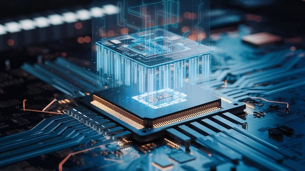 Nahaufnahme eines fortgeschrittenen GPU-Ram-Mikrochips oder einer CPU eines leistungsfähigen Computers