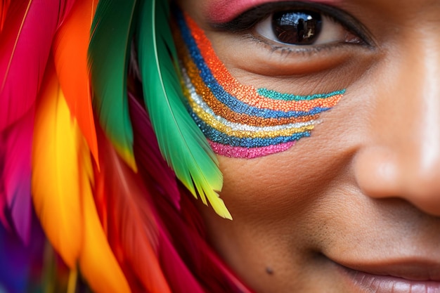 Nahaufnahme eines Frauengesichts mit buntem Regenbogenmuster-Make-up