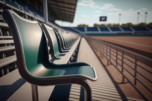 Nahaufnahme eines freien Sitzplatzes auf der Tribüne mit dem Stadion im Hintergrund, erstellt mit generativer KI