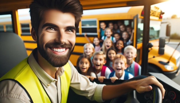 Foto nahaufnahme eines freundlichen kaukasischen fahrers, der vom sitz des fahrers eines leuchtend gelben schulbusses aus herzlich lächelt