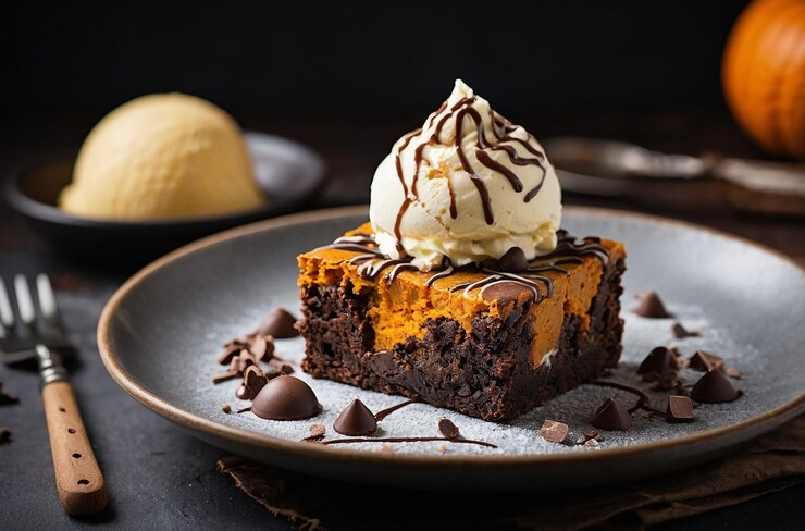 Foto nahaufnahme eines frisch gebackenen köstlichen kürbisschokoladen-brownies mit eis auf einem teller