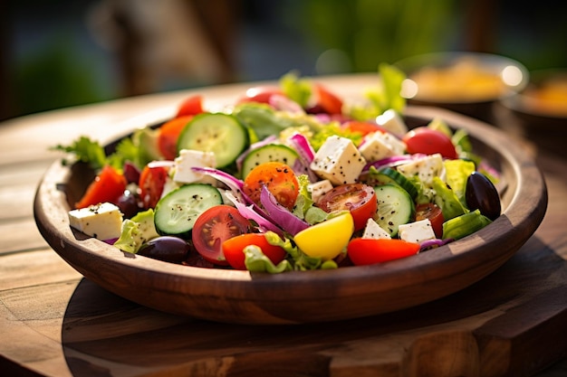 Nahaufnahme eines frisch zubereiteten griechischen Salats mit lebendigen Farben