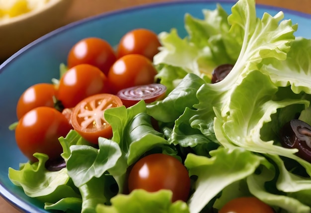 Nahaufnahme eines frischen Salats mit Kirschtomaten, Salat und verschiedenen Grünen in einer blauen Schüssel