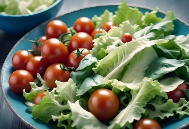 Nahaufnahme eines frischen Salats mit Kirschtomaten, Salat und verschiedenen Grünen in einer blauen Schüssel
