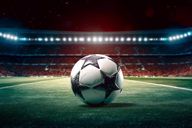 Nahaufnahme eines Fußballs in der Mitte des Stadions, beleuchtet von den Scheinwerfern der generativen KI