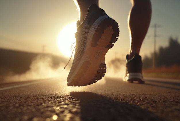Nahaufnahme eines Fußläufers mit Schuhen, der morgens in der Sonne auf der Straße läuft, generative KI