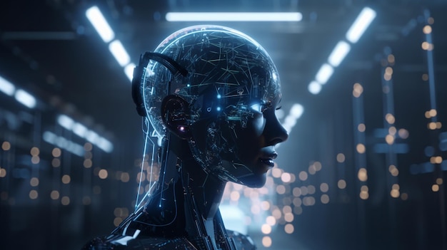 Nahaufnahme eines futuristischen weiblichen Androiden in einem detaillierten Porträt, das auf die kommende KI-Singularität und starke künstliche Intelligenz hinweist