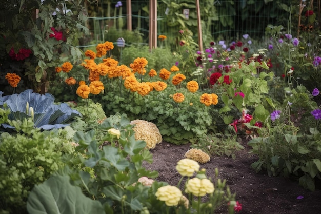 Nahaufnahme eines Gartens mit blühenden Blumen und Gemüse