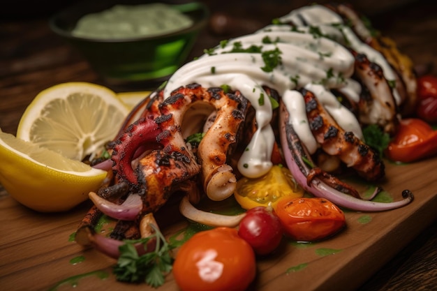 Nahaufnahme eines gegrillten Oktopustentakels, garniert mit einer großzügigen Portion würziger Tzatziki-Sauce