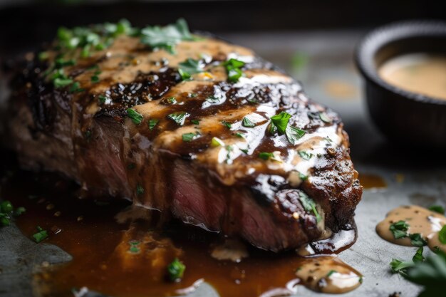 Nahaufnahme eines gegrillten Steaks, beträufelt mit herzhafter Soße