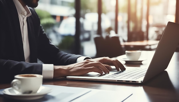 Nahaufnahme eines Geschäftsmannes, der am Laptop auf dem Tisch arbeitet