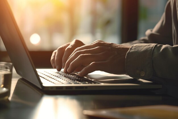 Nahaufnahme eines Geschäftsmannes, der im Büro mit künstlicher Intelligenz auf der Laptop-Tastatur tippt