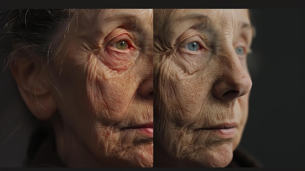 Nahaufnahme eines Gesichts einer älteren Frau Die Frau hat Falten und Altersflecken und ihre Augen sind leicht geöffnet
