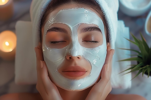 Nahaufnahme eines Gesichts einer Frau, das mit einer nahrhaften Lehmmaske für eine Spa-Behandlung bedeckt ist