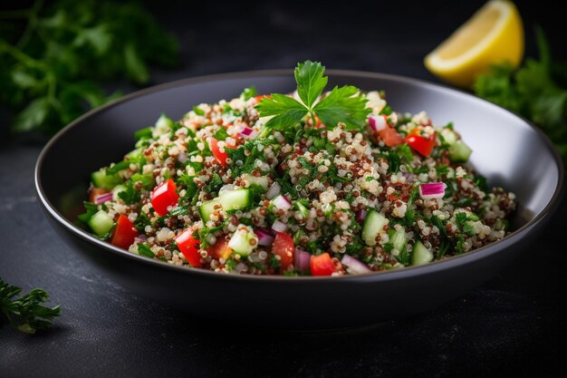 Foto nahaufnahme eines gesunden getreidesalats mit quinoa, kichererbsen und geröstetem gemüse