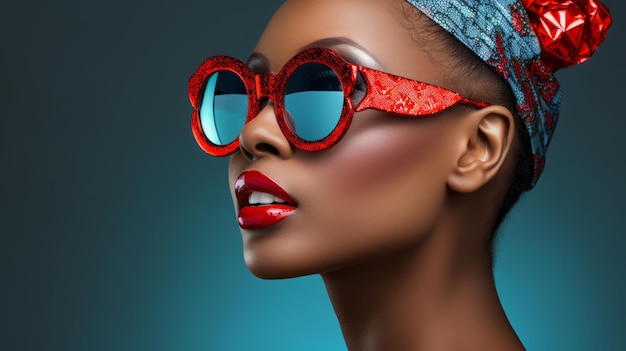 Nahaufnahme eines glamourösen afrikanischen weiblichen Models mit künstlerischem Make-up und einer flippigen Sonnenbrille