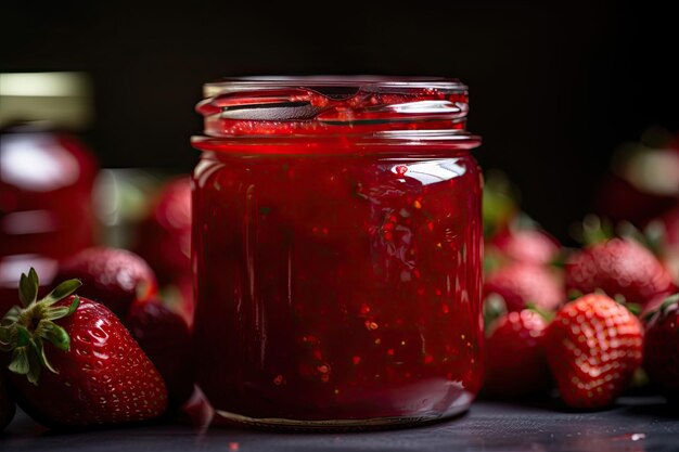 Nahaufnahme eines Glases mit hausgemachter Erdbeermarmelade mit sichtbaren roten Beeren, erstellt mit generativer KI