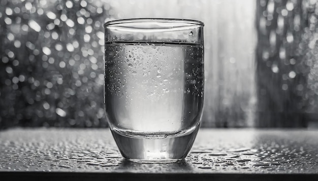 Nahaufnahme eines Glases Wasser und Tropfen auf dem Tisch Erfrischendes Mineralgetränk Grautöne