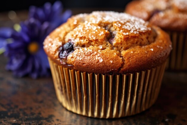 Foto nahaufnahme eines goldenbraunen blaubeermuffins