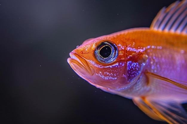 Nahaufnahme eines Goldfisches mit lebendigen Farben, die von Unterwasserbeleuchtung beleuchtet werden