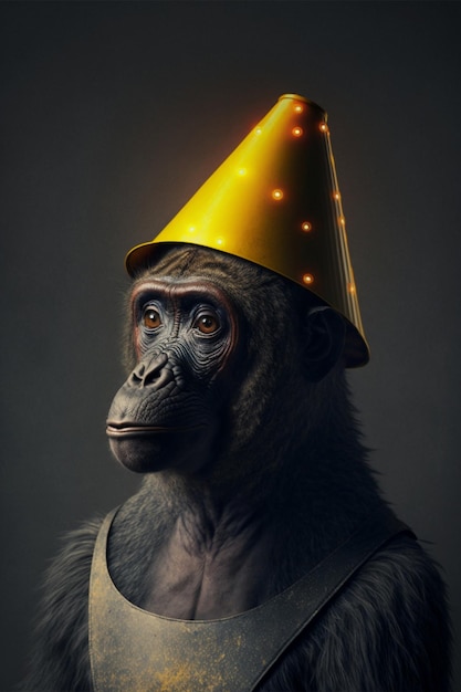 Nahaufnahme eines Gorillas, der einen Partyhut trägt generative ai