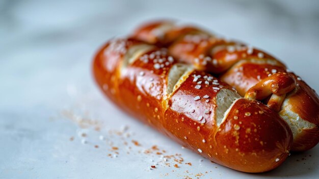 Nahaufnahme eines Gourmet-Pretzel-Buns-Hotdogs vor weißem Hintergrund