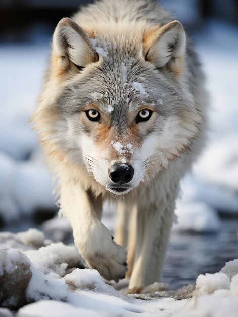 Nahaufnahme eines grauen Wolfes, der im Schnee spazieren geht