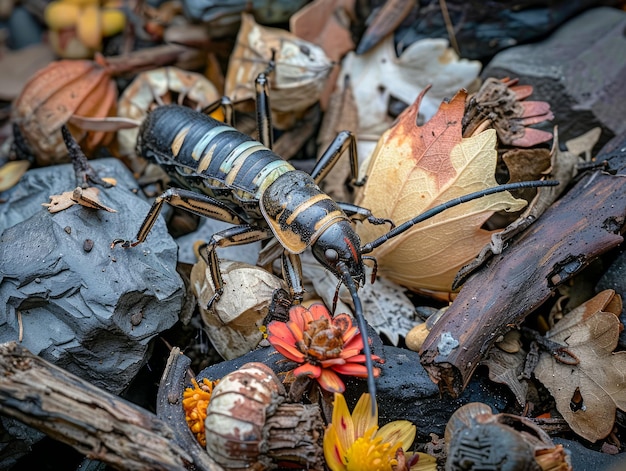 Nahaufnahme eines großen Hundertfüßlers zwischen Herbstblättern und natürlichen Waldabfällen auf dem Waldboden