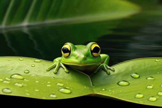 Nahaufnahme eines grünen Frosches, der auf einem Lilienblatt in einem Teich sitzt