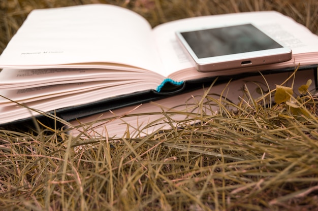 Nahaufnahme eines grünen Grashintergrundes mit einem Buch und einem Telefon, dem Konzept der Bildung, zurück zur Schule.