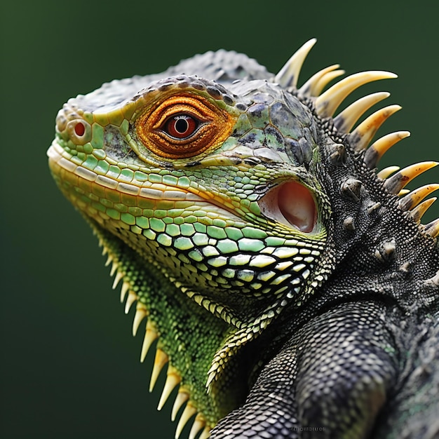 Nahaufnahme eines grünen Iguanas auf einem grünen Hintergrund