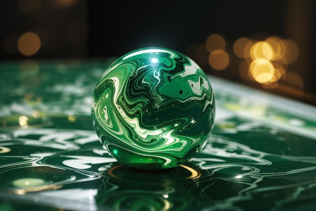 Nahaufnahme eines grünen Marmors auf einem beleuchteten Bokeh-Hintergrund