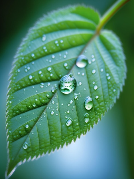 Nahaufnahme eines grünen Minzpfefferblattes mit Wassertropfen nach Regen, verschwommener Hintergrund. Generative KI