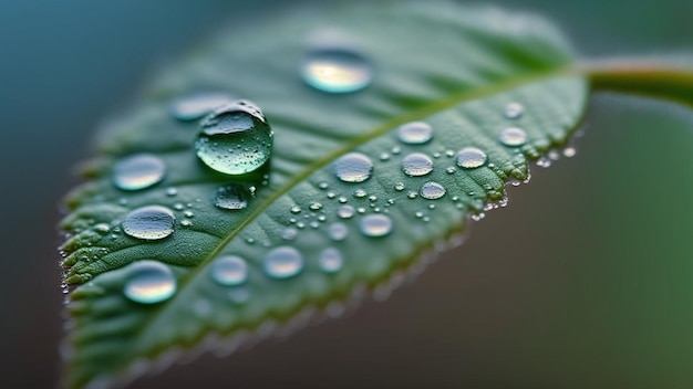 Nahaufnahme eines grünen Minzpfefferblattes mit Wassertropfen nach Regen, verschwommener Hintergrund. Generative KI