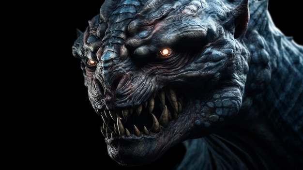 Nahaufnahme eines gruseligen Monsters mit offenem Mund auf schwarzem Hintergrund. Generative KI