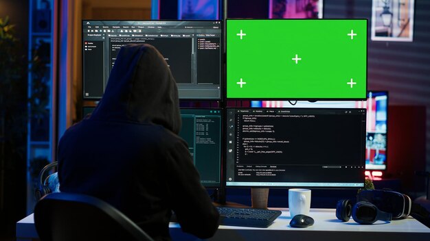 Nahaufnahme eines Hackers, der Code in einer Wohnung auf PC-Monitoren ausführt