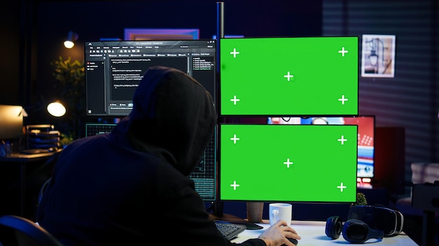 Nahaufnahme eines Hackers, der Code in einer Wohnung auf PC-Monitoren ausführt